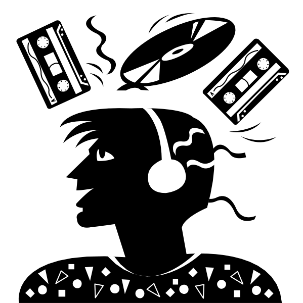 Clipart of a person in headphones with cassettes and a record floating around their head